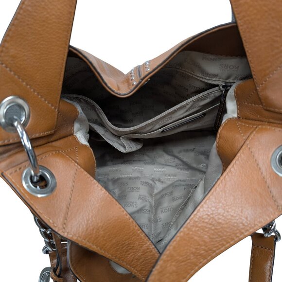 Michael Kors Leather Astor Tote Bag Tan Brown Shoulder Bag 2 Straps Studded 15" - Picture 9 of 13